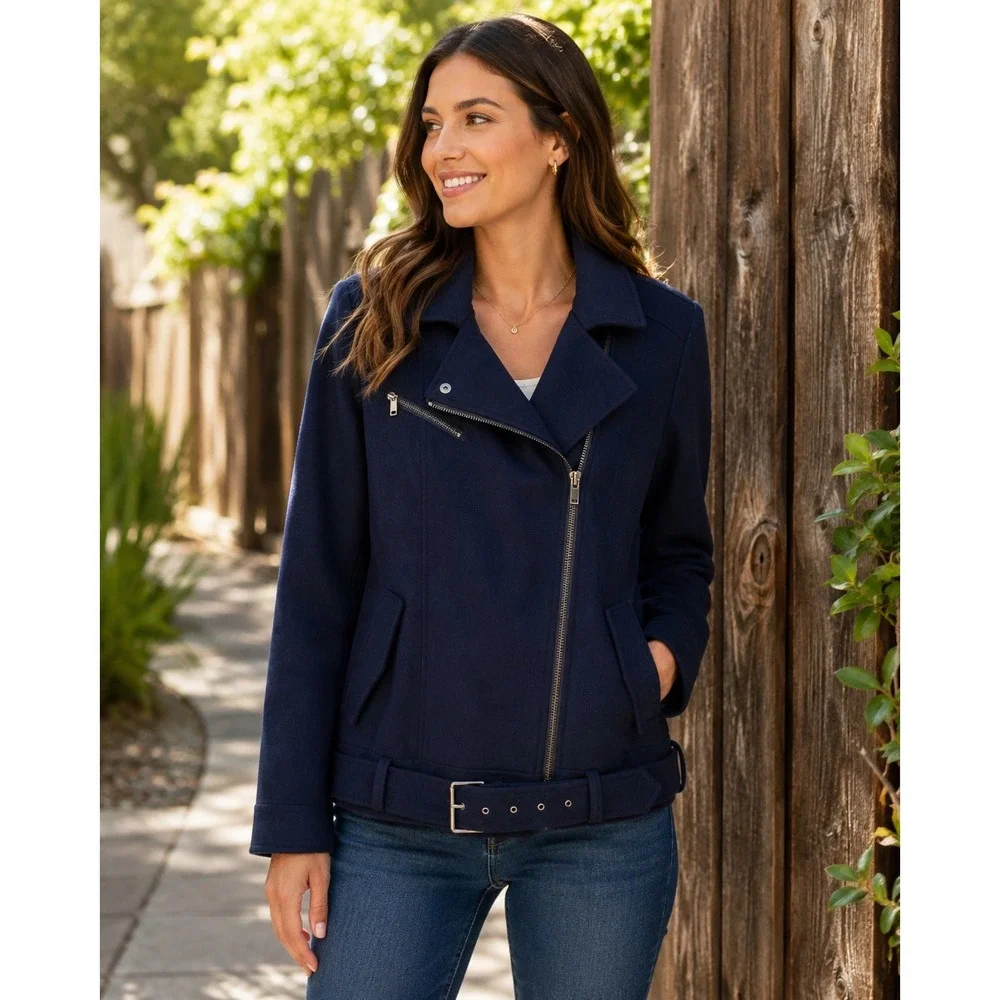 Banana Republic Jacket Womens L Navy Blue Moto Belted Zip Biker Coat